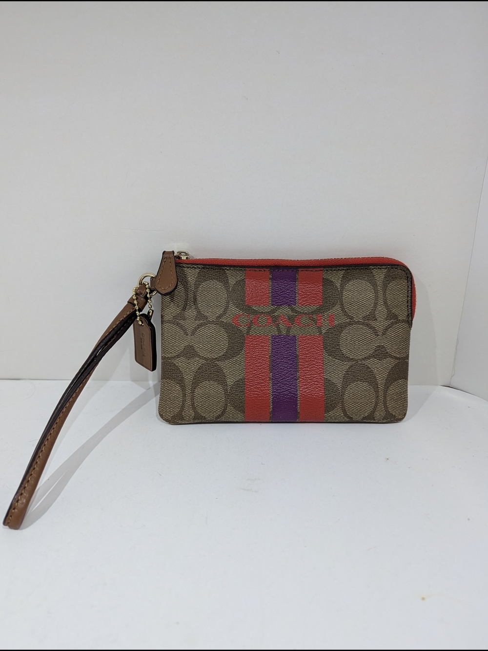 Coach Signature Canvas Wristlet with Red & Purple Stripe